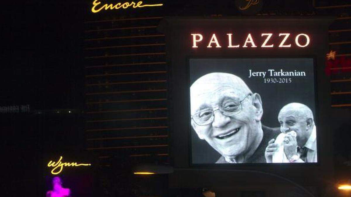
A sign at the Palazzo Las Vegas hotel-casino pays tribute to former UNLV head basketball coach Jerry Tarkanian in Las Vegas on Wednesday. Casino exterior lights were dimmed on the Las Vegas Strip in honor of Tarkanian who passed away on Feb. 11 at age 84.

