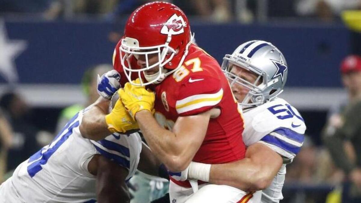 Kansas City Chiefs tight end Travis Kelce was tackled by a pair of Cowboys on Sunday.