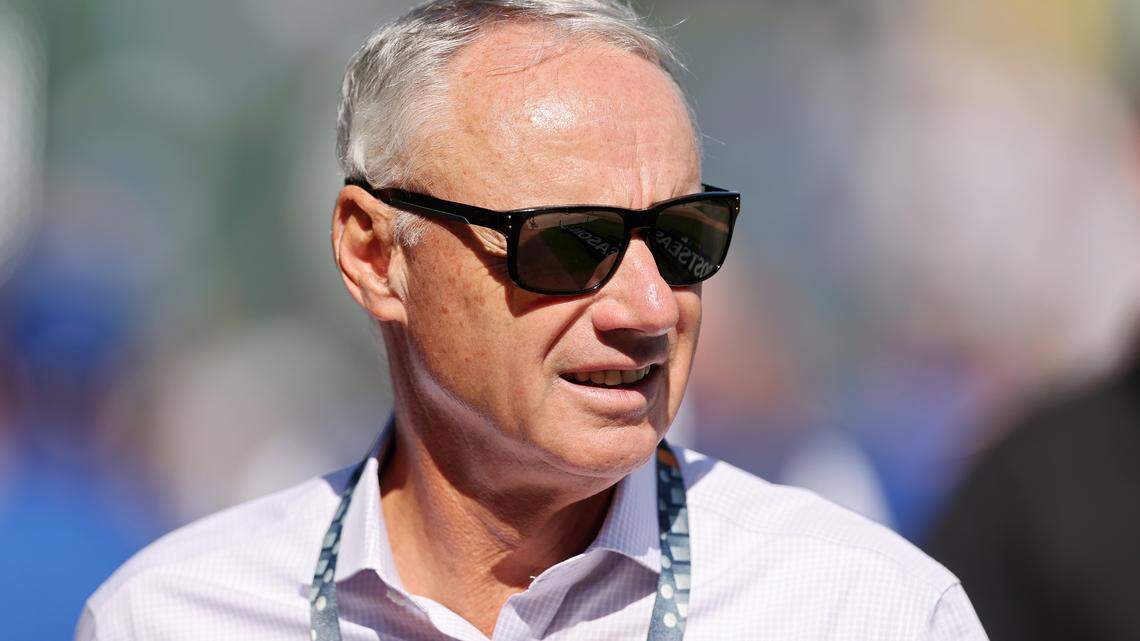 MLB Commissioner of Baseball Rob Manfred looks on ahead of game one of the National League Wild Card Series between the San Diego Padres and the Chicago Cubs at Wrigley Field on Sept. 30, 2025 in Chicago, Illinois.