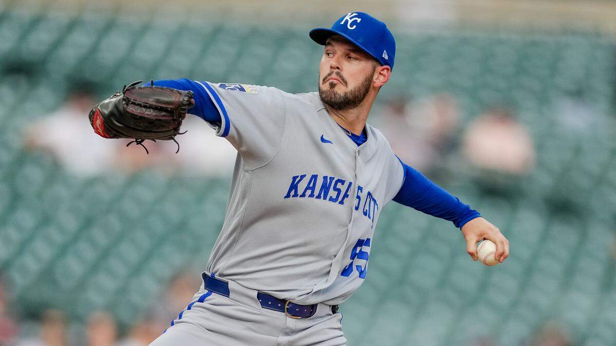 Cole Ragans #55 of the Kansas City Royals delivers a pitch against the Detroit Tigers during the bottom of the first inning at Comerica Park on April 14, 2026 in Detroit, Michigan.