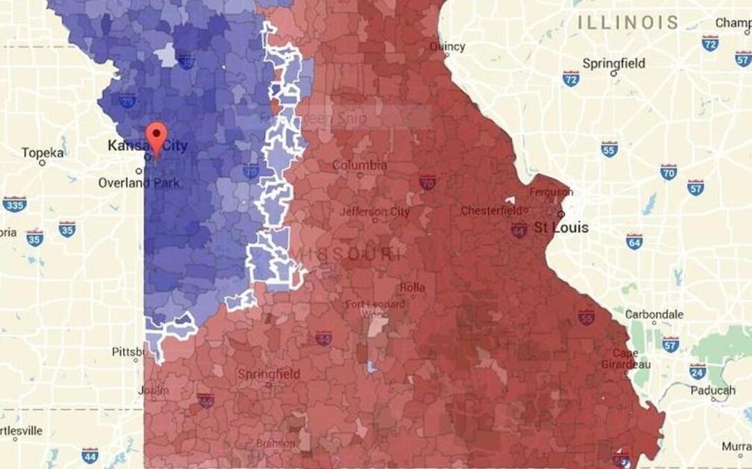 The areas outlined in white had mostly Cardinals fans a year ago but are now populated by mostly Royals fans in 2015.