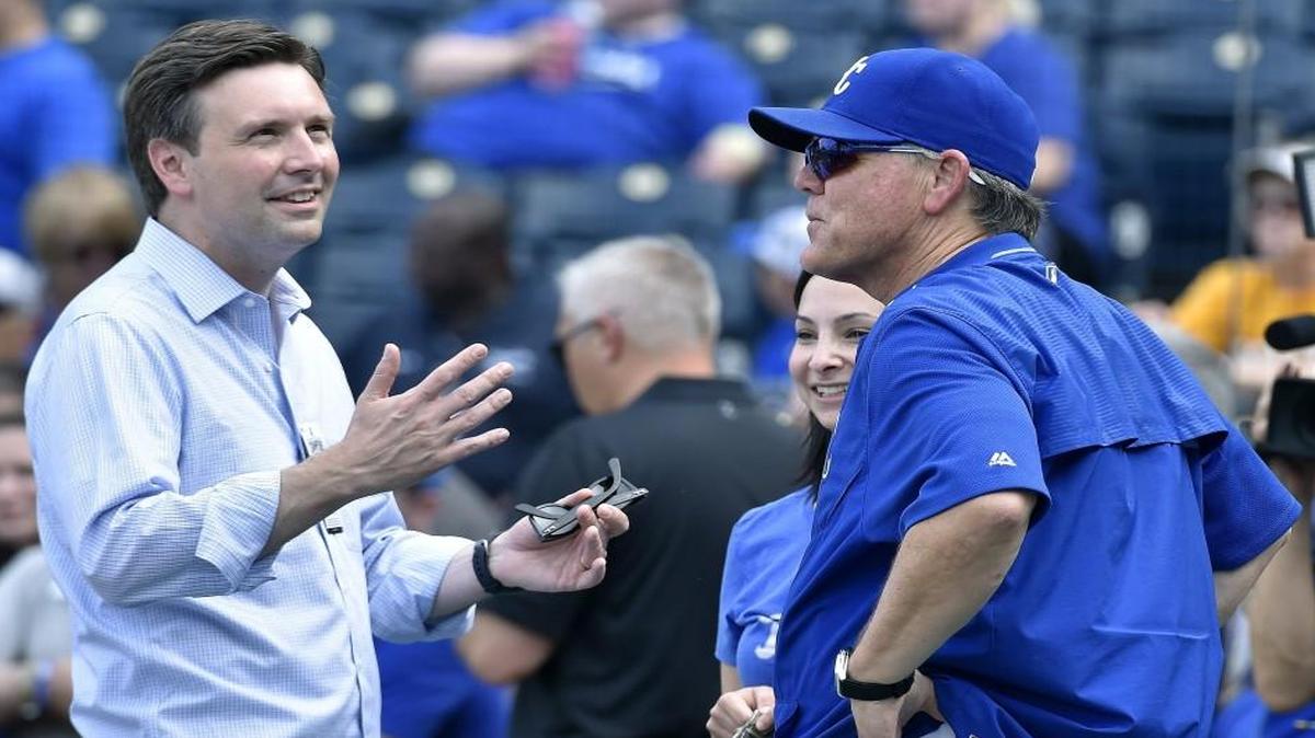 
White House Press Secretary and Kansas City native, Josh Earnest and his wife Natalie Wyeth visited with Kansas City Royals manager Ned Yost before a game against the Chicago White Sox at Kauffman Stadium.
