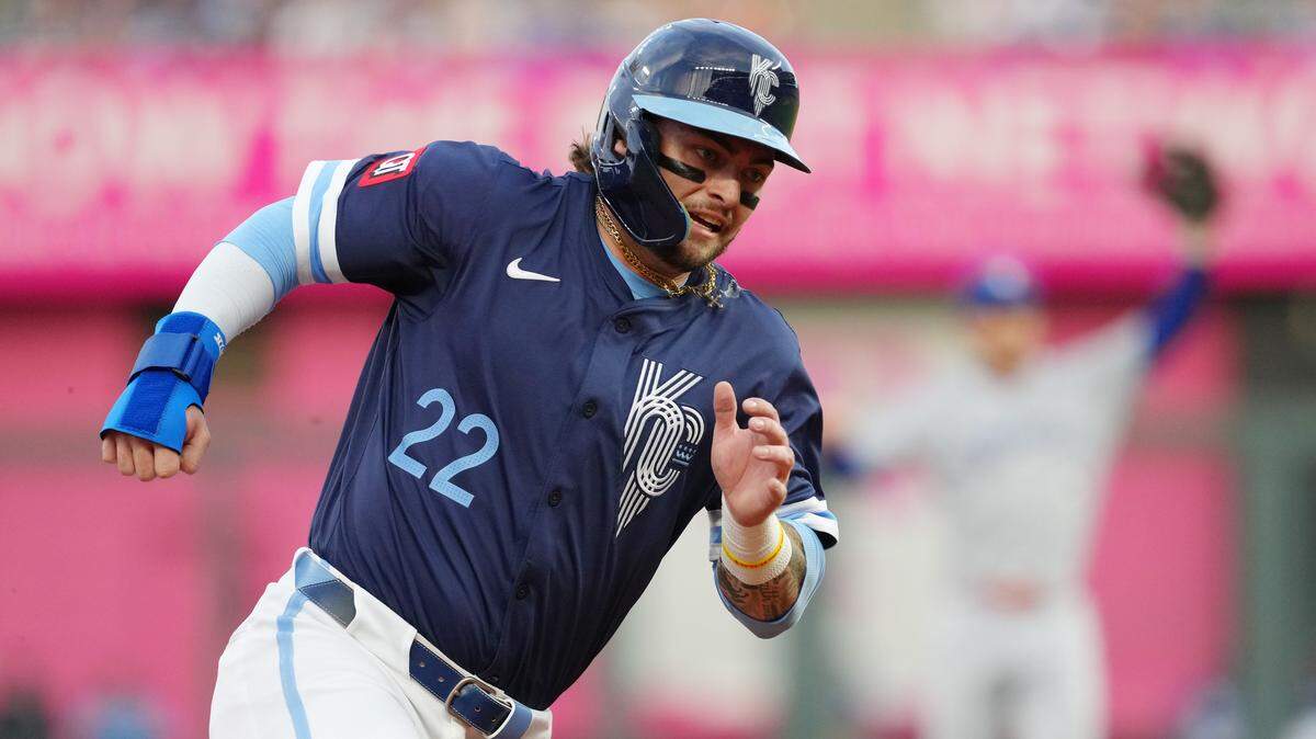 Kansas City’s Carter Jensen sprints home during a game against the Toronto Blue Jays on Sept. 19, 2025 at Kauffman Stadium in KC. The Royals’ old City Connect uniforms are being replaced with a version 2.0 for the 2026 season.