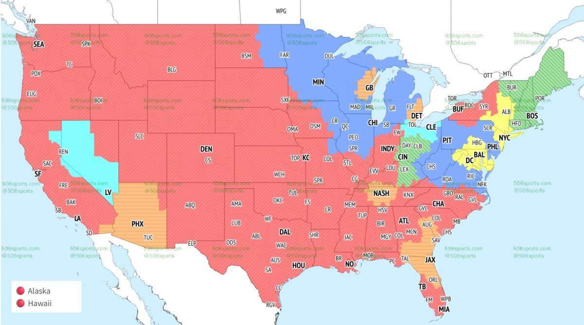 The Chiefs-Colts game will be seen in areas in red.