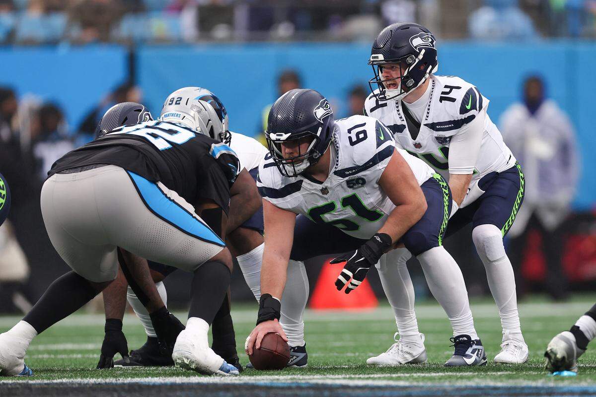 Seattle Seahawks center and Maryville, Missouri native Jalen Sundell, No. 61, prepares to snap the ball during an NFL game against the Carolina Panthers at Bank of America Stadium in Charlotte, North Carolina, on Dec. 28, 2025.