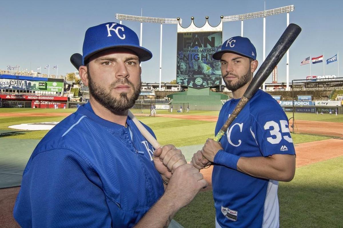 Kansas City Royals' Mike Moustakas, left, and Eric Hosmer before Saturday’s game at Kauffman Stadium in Kansas City, Mo.