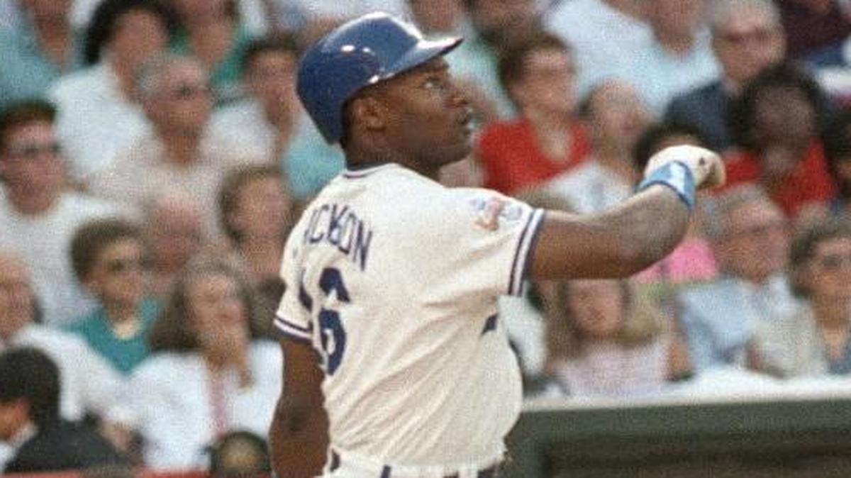 This file photo shows Kansas City Royals outfielder Bo Jackson watching the flight of his first-inning home run during the All-Star Game.