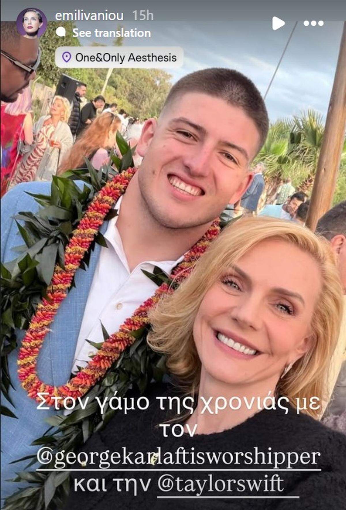 Greek broadcaster Emi Livaniou shared a photo with Chiefs defensive end George Karlaftis from his wedding.