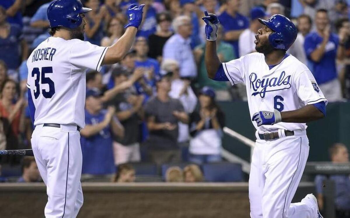 
Lorenzo Cain was congratulated by Eric Hosmer in front of Detroit Tigers catcher Alex Avila after Cain hit a solo home run in the third inning of Wednesday’s game.
