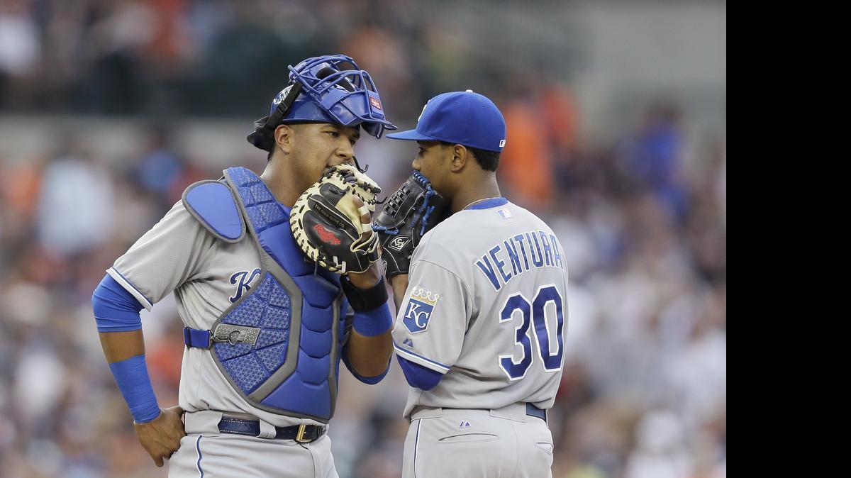 Royals catcher Salvador Perez with starting pitcher Yordano Ventura 
