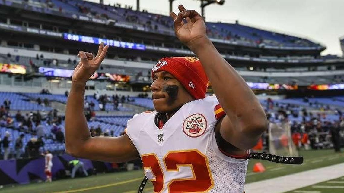 Chiefs cornerback Marcus Peters, who intercepted two passes and ran one back for a touchdown, acknowledged the team’s fans as he ran off the field after Sunday’s game.
