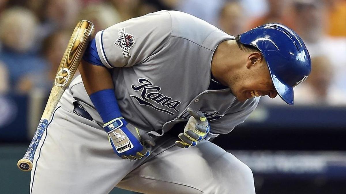 
Kansas City Royals catcher Salvador Perez hunched over after being hit by a pitch during Game 4 of the ALDS.

