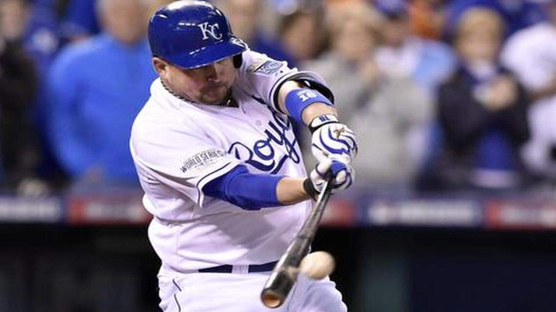 
Billy Butler doubled in the second inning of World Series game six, giving the Royals a 7-0 lead in an eventual 10-0 victory.
