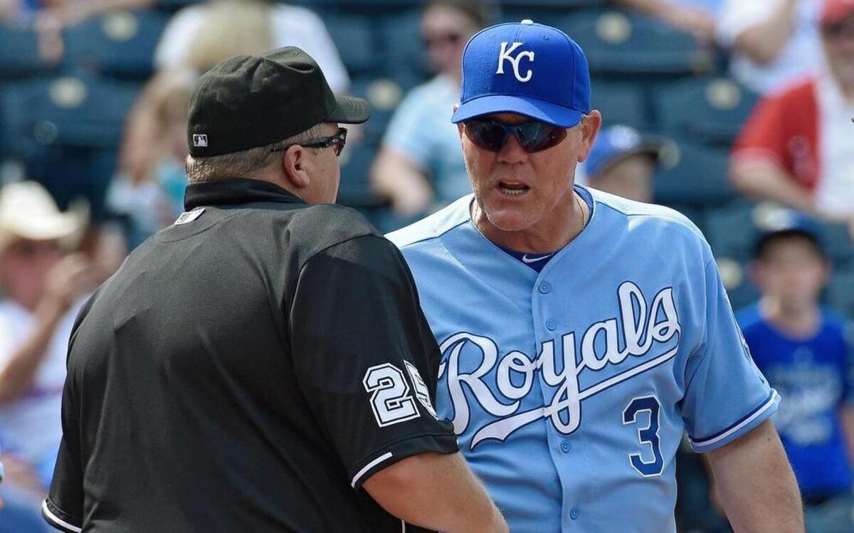 
Kansas City Royals manager Ned Yost argued with home-plate umpire Fieldin Culbreth about a game-ending strikeout of Alcides Escobar.
