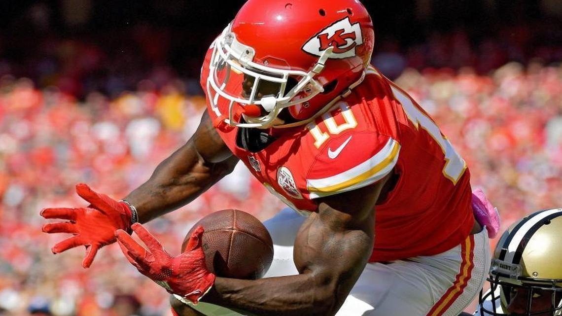 Kansas City Chiefs wide receiver Tyreek Hill catches a touchdown pass in front of New Orleans Saints cornerback Ken Crawley in the second quarter of Sunday's football game on October 23, 2016 at Arrowhead Stadium in Kansas City, Mo.