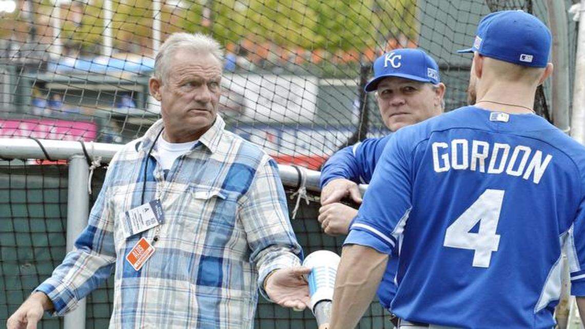 
George Brett spoke with Alex Gordon as manager Ned Yost looked on Thursday as the Royals practiced at Oriole Park at Camden Yards in Baltimore.
