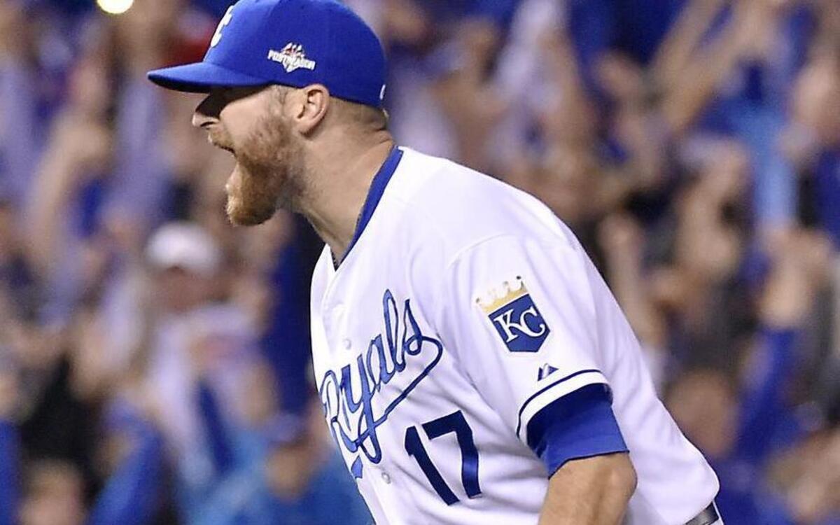 Kansas City Royals relief pitcher Wade Davis yells after getting the final out in the ninth inning during Friday's ALCS baseball game on October 23, 2015 at Kauffman Stadium in Kansas City, Mo.
