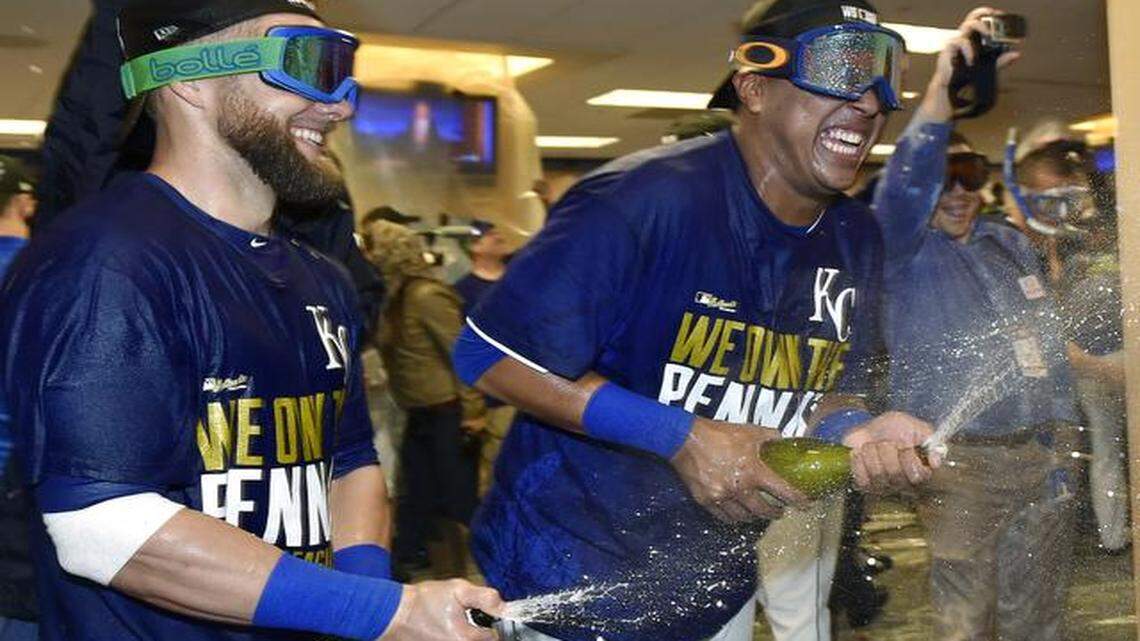 
They must be getting good at this. The Royals’ Alex Gordon (left) and Salvador Perez celebrated with champagne after Wednesday’s 2-1 win over Baltimore in the American League Championship Series. It was the third postseason celebration for KC after winning the Wild Card Game and the AL Division Series.
