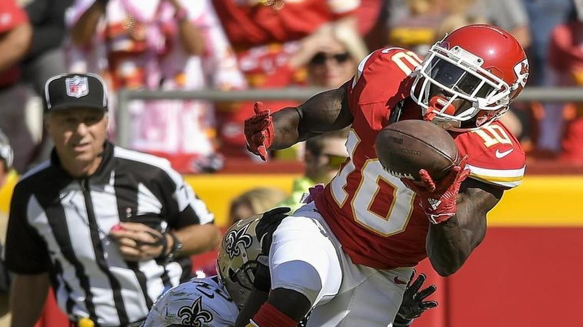Kansas City Chiefs wide receiver Tyreek Hill caught a 38-yard touchdown pass over the defense of New Orleans Saints cornerback Ken Crawley in the second quarter at Arrowhead Stadium in Kansas City, Mo. on October 23, 2016.