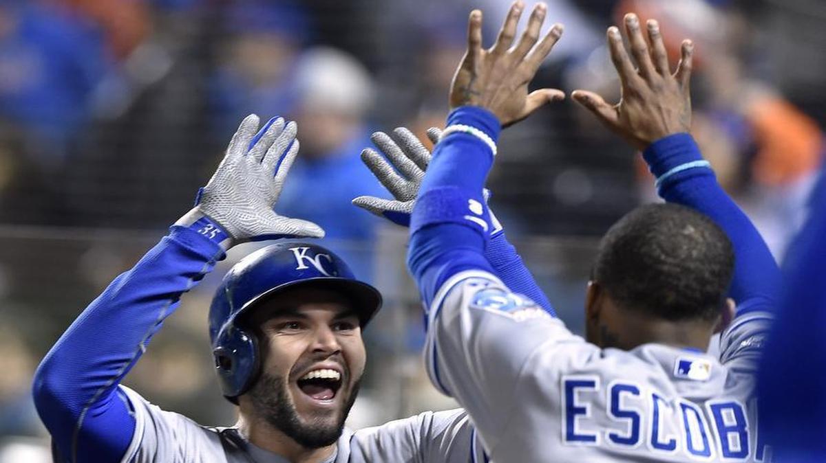 Royals first baseman Eric Hosmer celebrated with shortstop Alcides Escobar after Hosmer scored in the eighth inning of Game 4 of the World Series on Saturday night at Citi Field in New York.