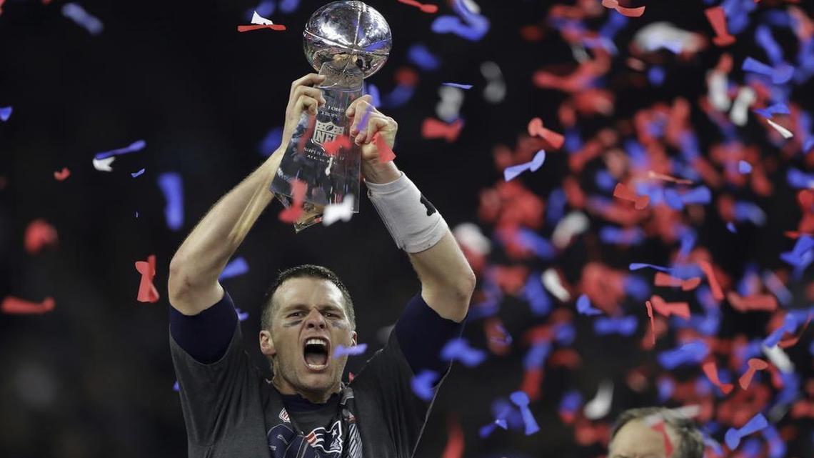 New England Patriots' Tom Brady raised the Vince Lombardi Trophy after defeating the Atlanta Falcons in overtime of Super Bowl 51 on Sunday, Feb. 5, 2017, in Houston. The Patriots defeated the Falcons 34-28.