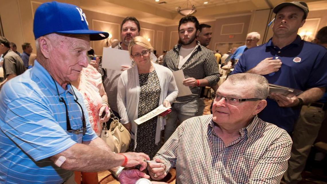 
Former Royals groundskeeper George Toma (left) got a baseball signed at Harrah's Casino by Don Denkinger (right), who made the infamous call in the 1985 World Series.
