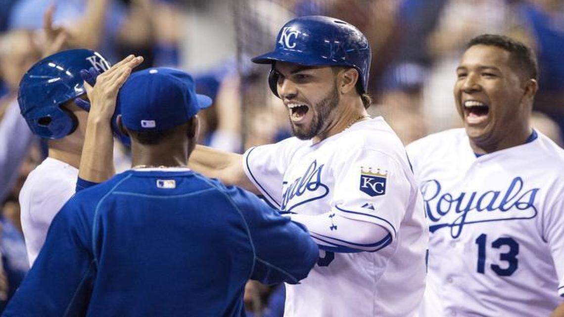 
Eric Hosmer (center) celebrated with his Royals teammates after hitting a three-run home run in the third inning against the Chicago White Sox on Wednesday night at Kauffman Stadium. Lorenzo Cain’s two-run home run in the eighth inning lifted the Royals to a 7-5 victory.
