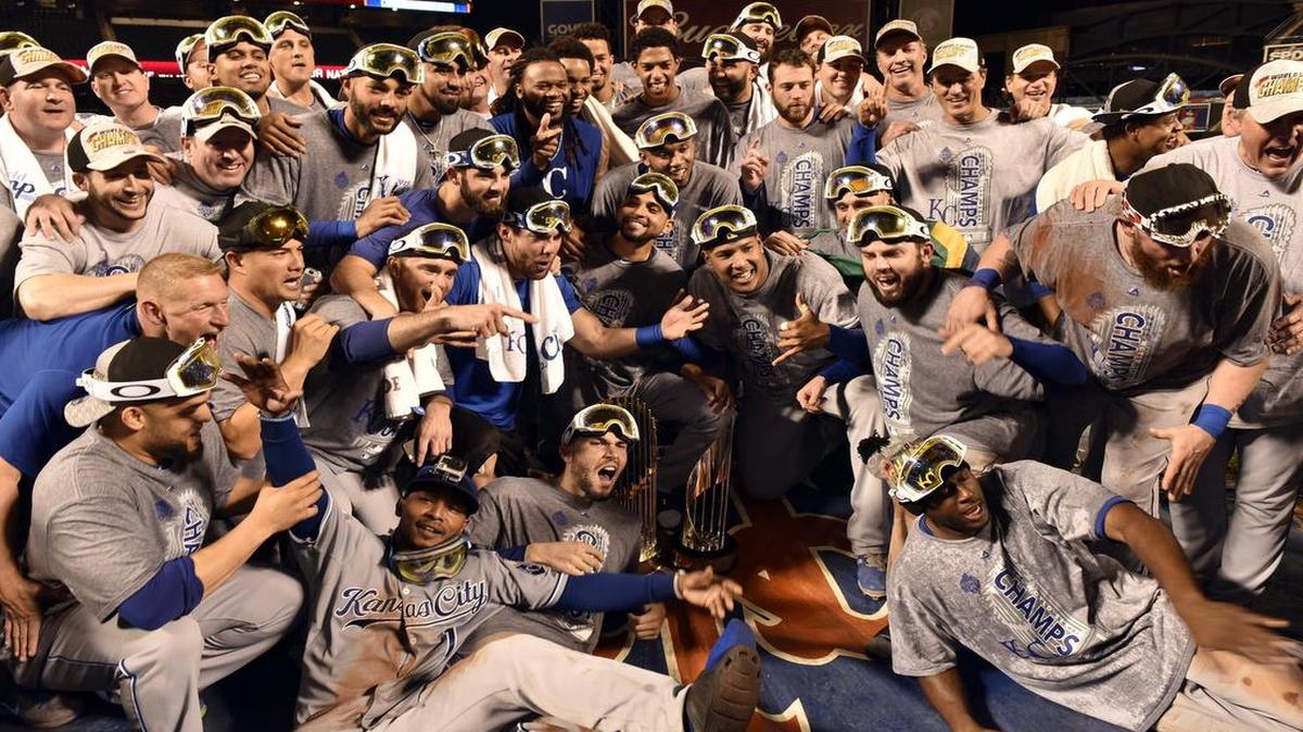 Members of the Royals posed for a group photo after they defeated the New York Mets 7-2 to win the World Series on November 1, 2015, at Citi Field in New York.