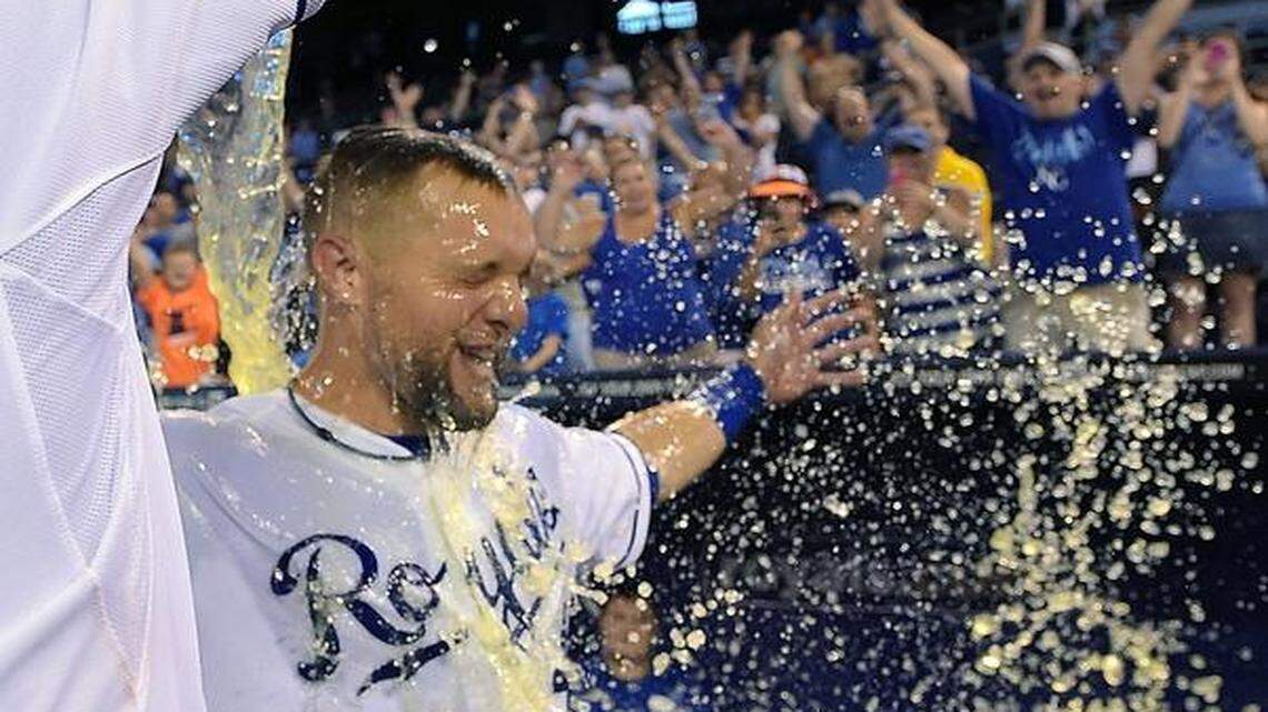 
Left fielder Alex Gordon got soaked after he hit a game-winning, two-run homer against the Twins on Tuesday.
