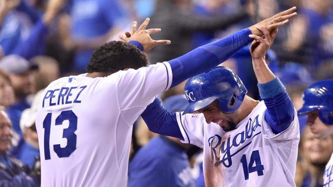 
Salvador Perez (left) and Omar Infate celebrated after the Royals took a 9-0 lead in the fifth inning of game six on Tuesday.


