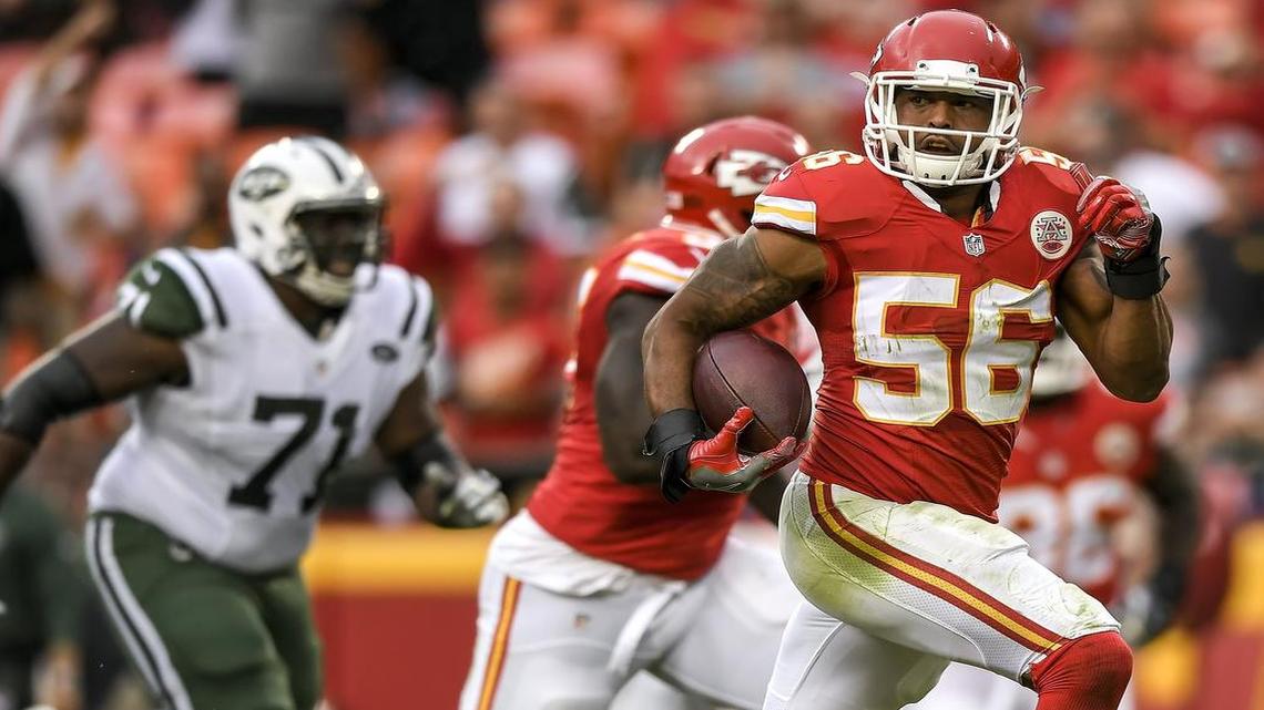 Chiefs linebacker Derrick Johnson returned a fourth-quarter interception 55 yards for a touchdown Sunday against the Jets.