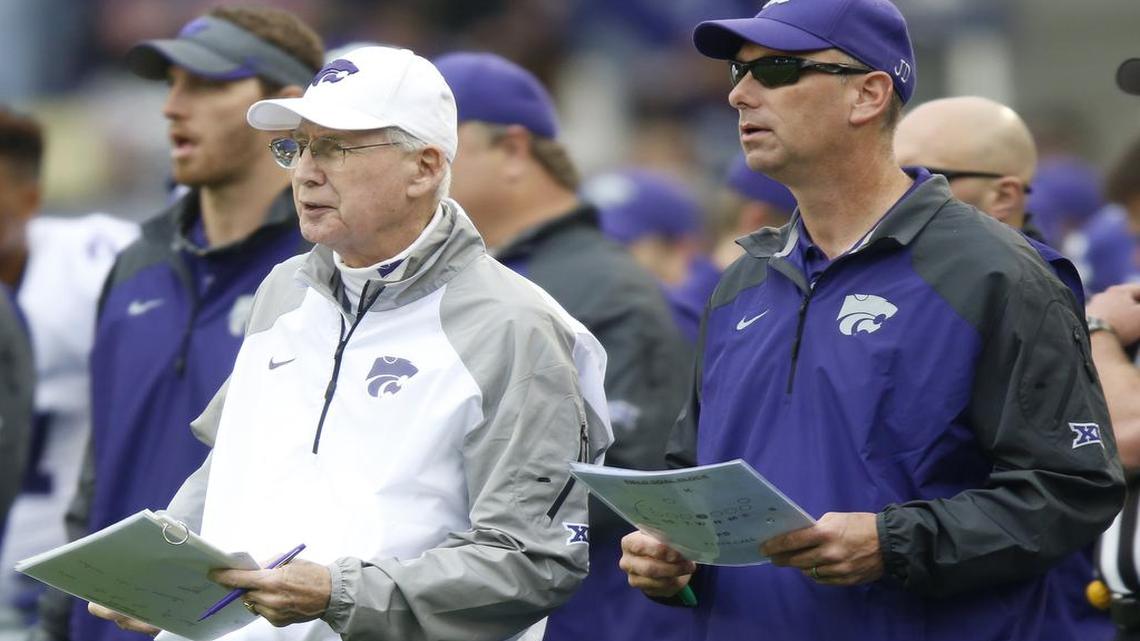 Kansas State head coach Bill Snyder, left, and associate head coach Sean Snyder stood on the sidelines of the Wildcat’s spring game on April 25, 2015.