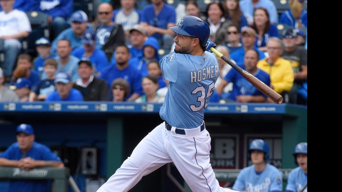 
Eric Hosmer of the Royals slammed a three-run home run in the first inning Thursday against the Cleveland Indians.
