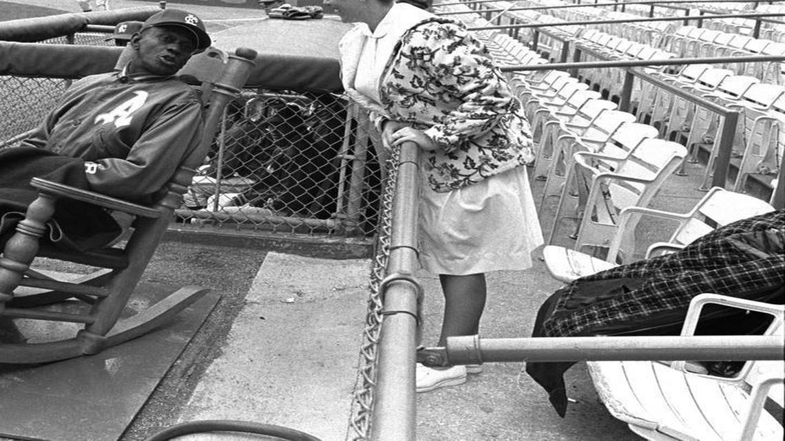 
The spectacle of Satchel Paige’s final stint with a major-league team included a nurse tending to him while he sat in a rocking chair. This photo was taken two days before Paige pitched his final game for the Kansas City A’s.
