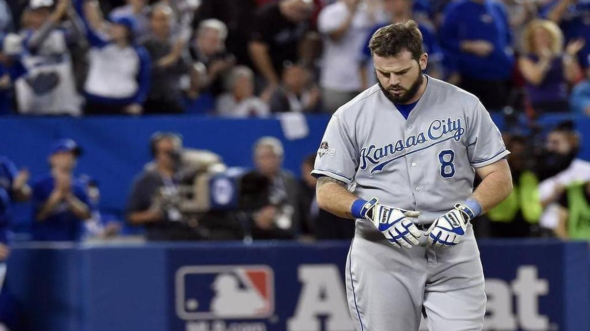 Royals third baseman Mike Moustakas threw his helmet off after striking out in the second inning of Wednesday’s ALCS game at Rogers Centre in Toronto.