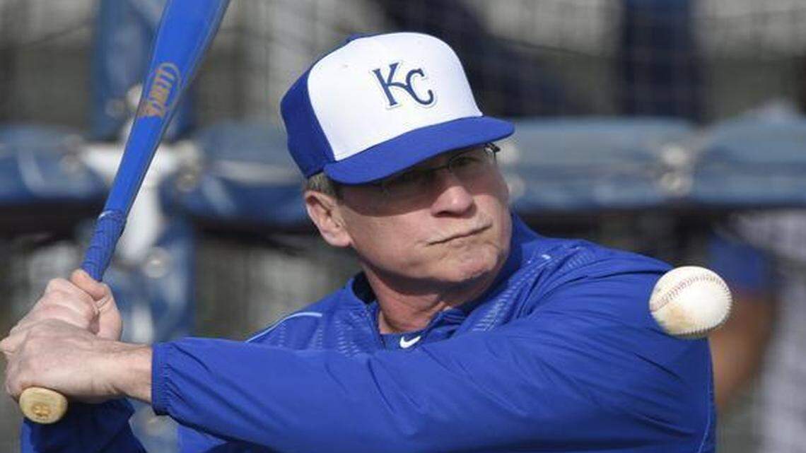 
Royals third-base coach Mike Jirschele hit fungos Tuesday at spring training in Surprise, Ariz.
