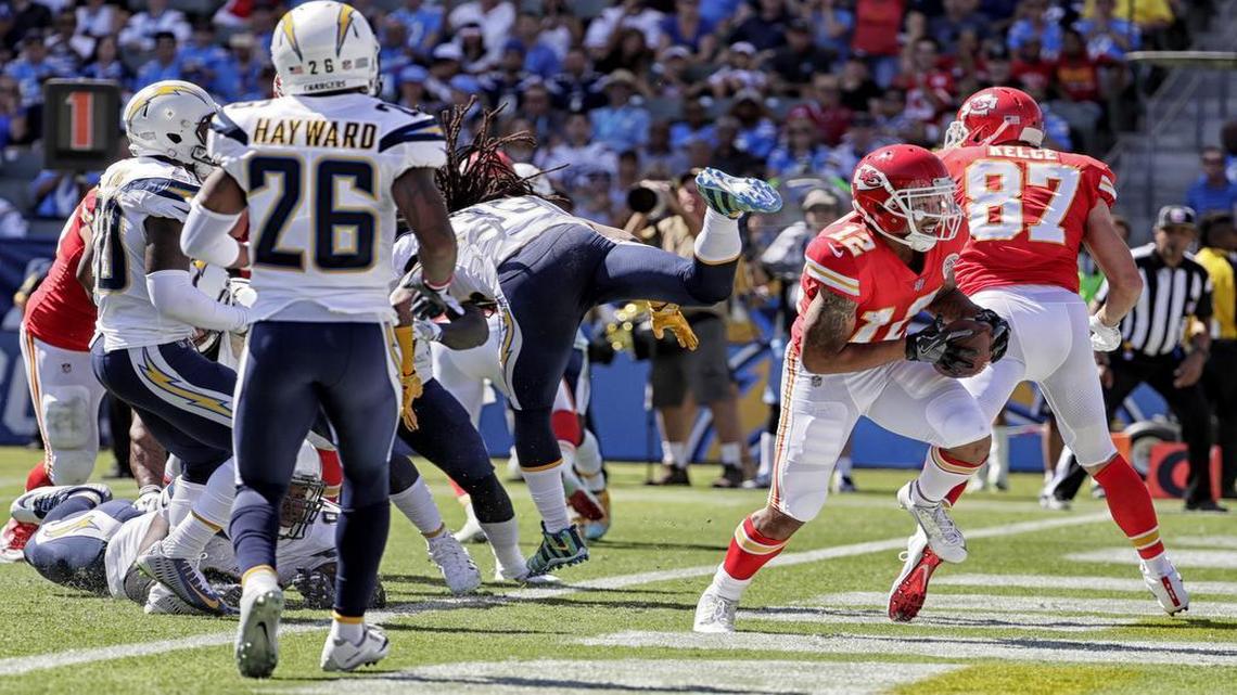 Chiefs receiver Albert Wilson caught a shovel pass and scored a first-quarter touchdown in Sunday’s game against the Chargers.