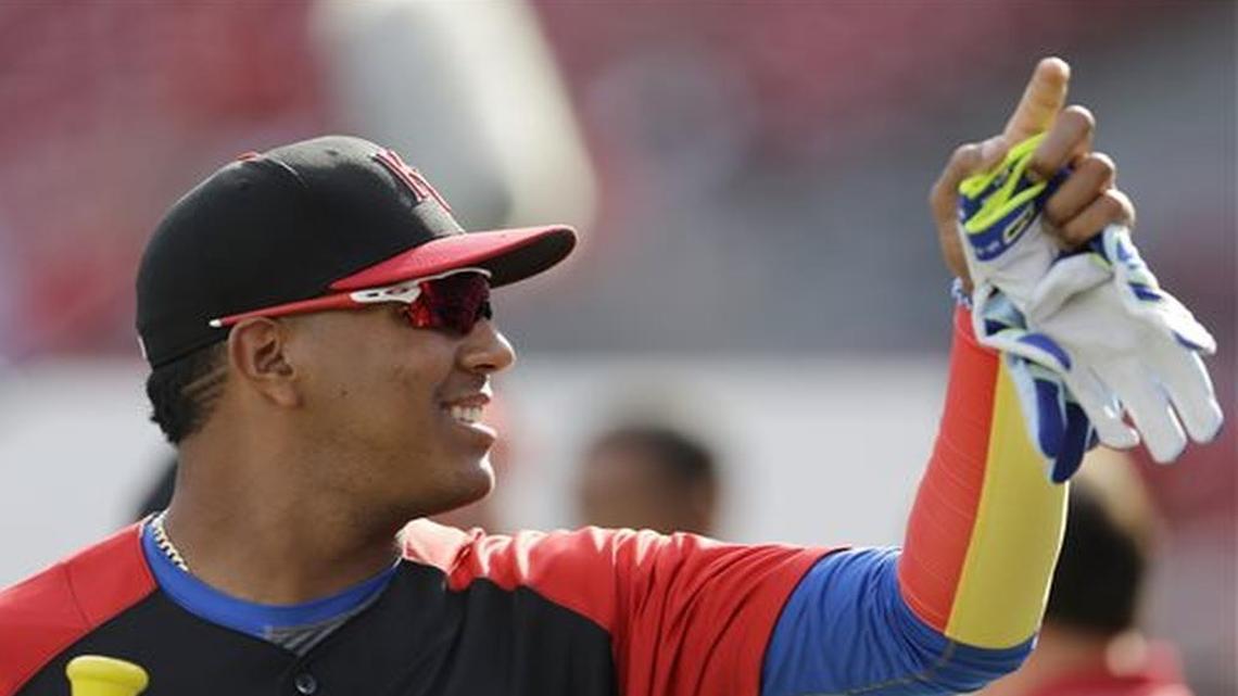 
The Royals' Salvador Perez during batting practice for the  All-Star Game on Monday in Cincinnati.

