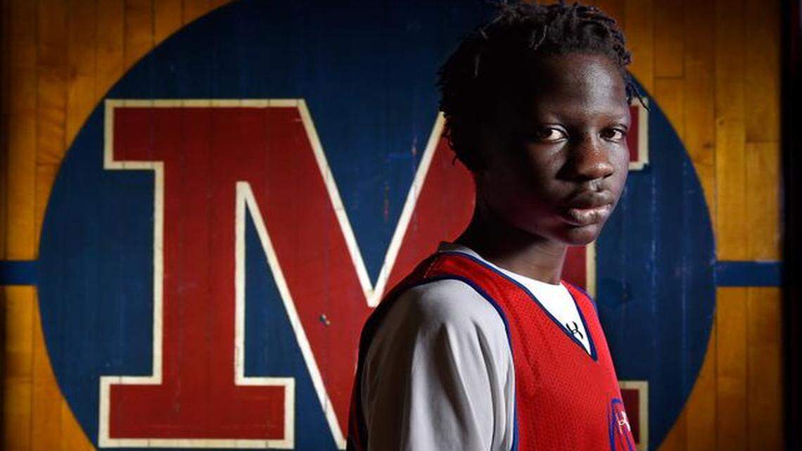
Looking at Bol Bol, a 6-foot-10-inch freshman at Bishop Miege, people often see reflections of his father, former NBA star Manute Bol. 
