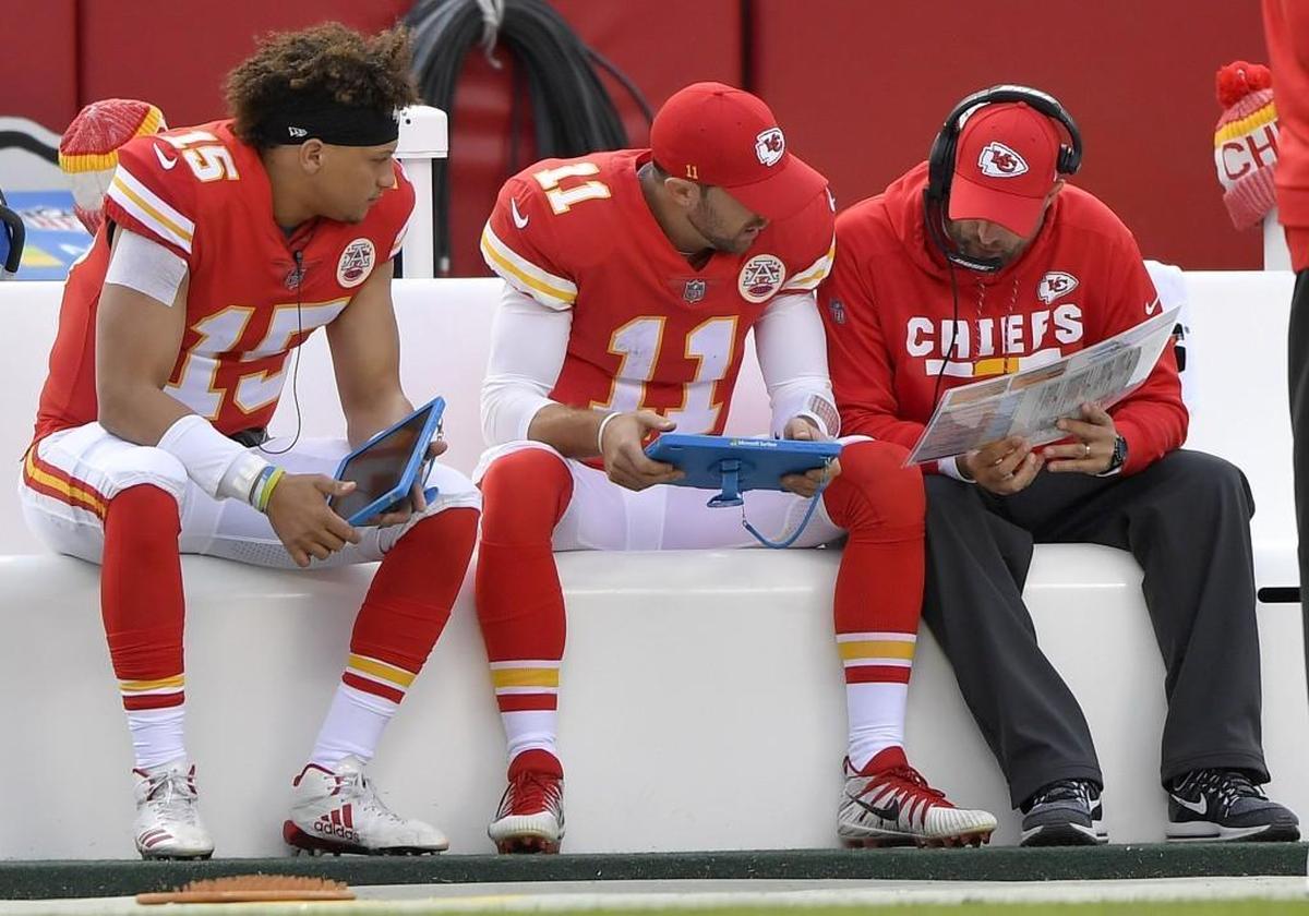 Alex Smith (No. 11) remains the man at center stage for the Chiefs. Patrick Mahomes’ time is coming, though, whether next season or sometime this month.