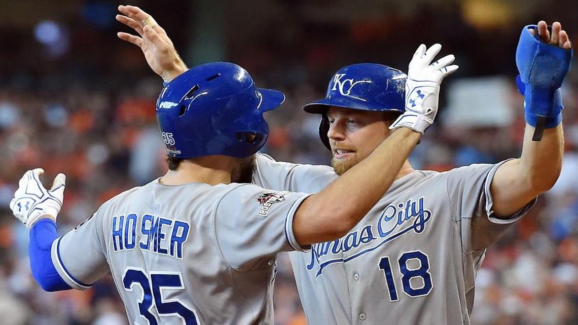 
Eric Hosmer (left) hit a home run that scored Ben Zobrist (right) in the ninth inning on Monday in Houston, capping the Royals’ comeback in Game 4 of the ALDS.


