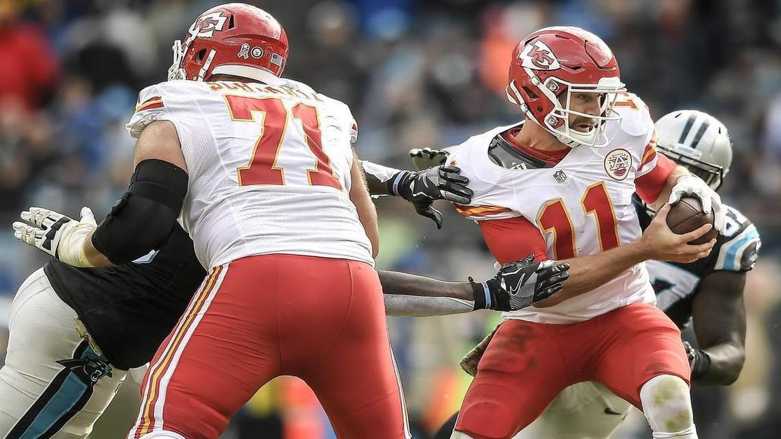 Chiefs quarterback Alex Smith was sacked on third down on final offensive series in second quarter against the Panthers. The Chiefs rallied to win 20-17 on Sunday.