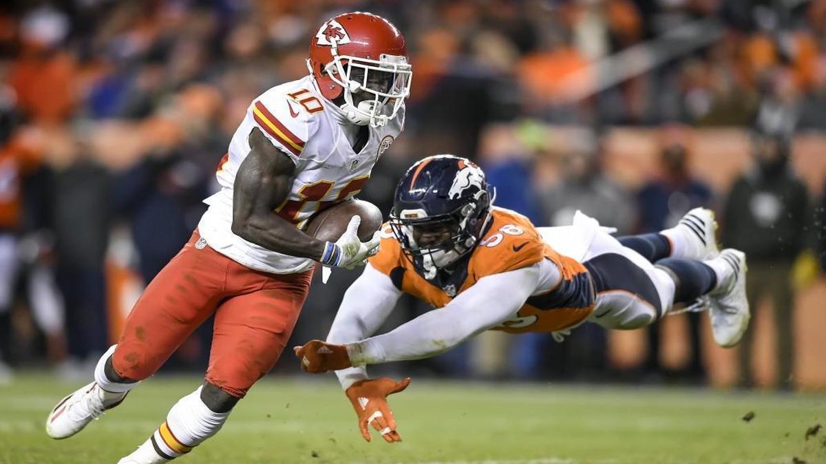 Chiefs wide receiver Tyreek Hill left Broncos outside linebacker Von Miller grasping at air during the teams’ November meeting in Denver.