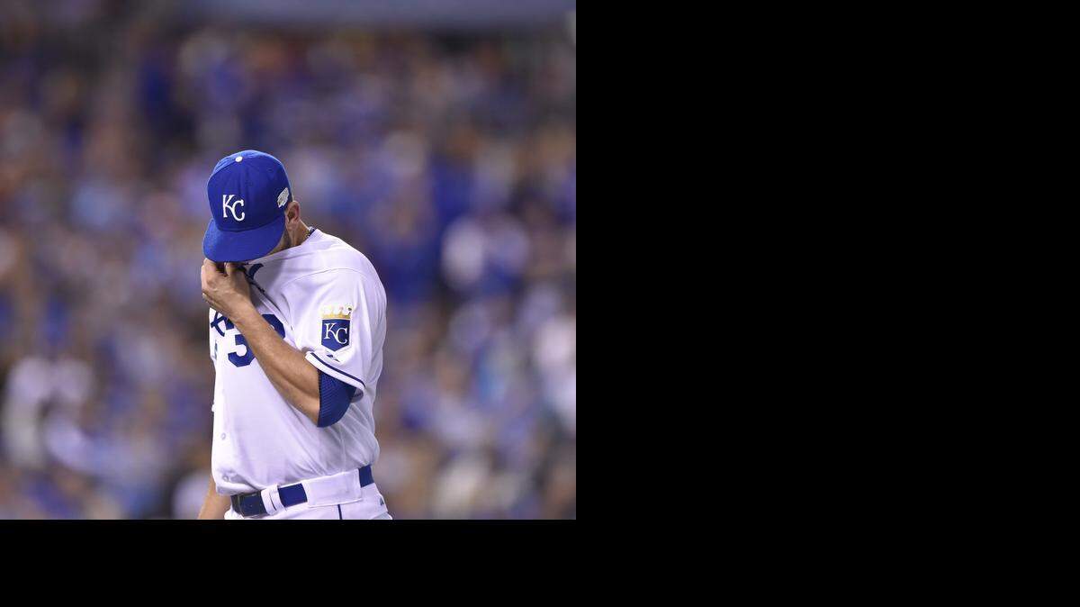 
Kansas City Royals starting pitcher James Shields walked off the mound and into the dugout after being pulled in the fourth inning against San Francisco Giants in game one of the World Series on Tuesday October 11, 2014 at Kauffman Stadium in Kansas City, MO.
