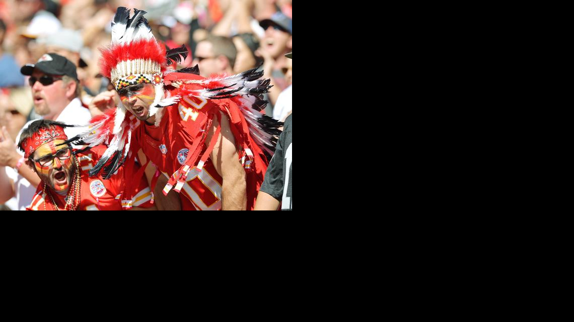 
The Chiefs play the tomahawk chop during games and welcome fans in headgear and other stereotypes of Native American dress.
