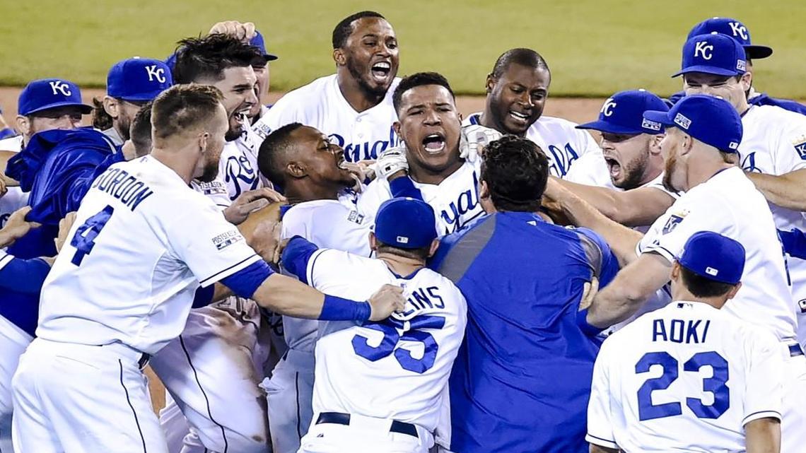 The Kansas City Royals celebrated after winning the 2014 Wild Card Game against the Oakland As.