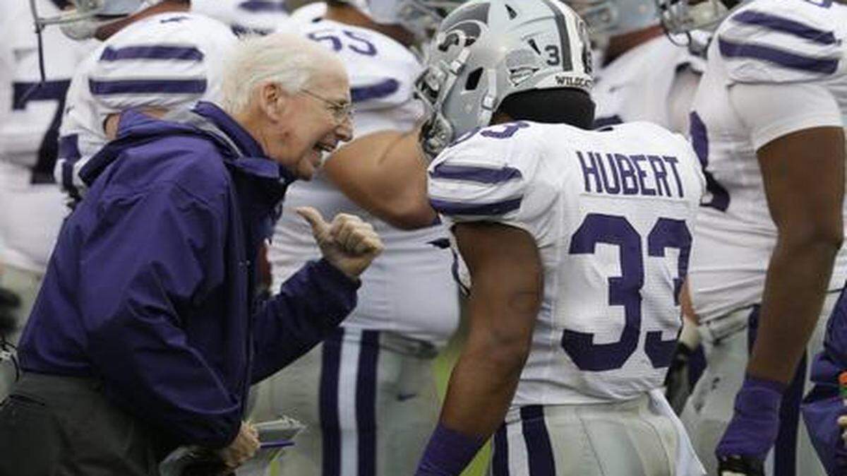 
Always paying attention to detail, Kansas State head football coach Bill Snyder talked to running back John Hubert during a timeout in a 2012 K-State win against Iowa State. 
