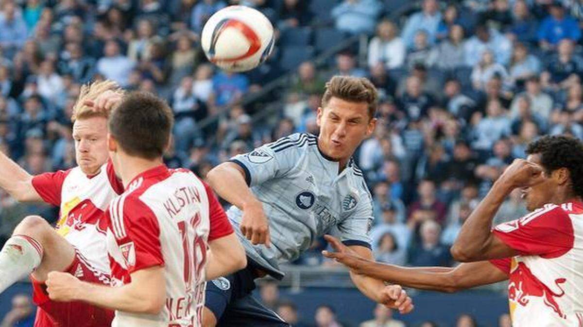 
Forward Krisztian Nemeth attempts a shot on goal during the season opening match against the New York Red Bulls on Sunday March 8th, 2015 at Sporting Park in Kansas City, Kansas. 
