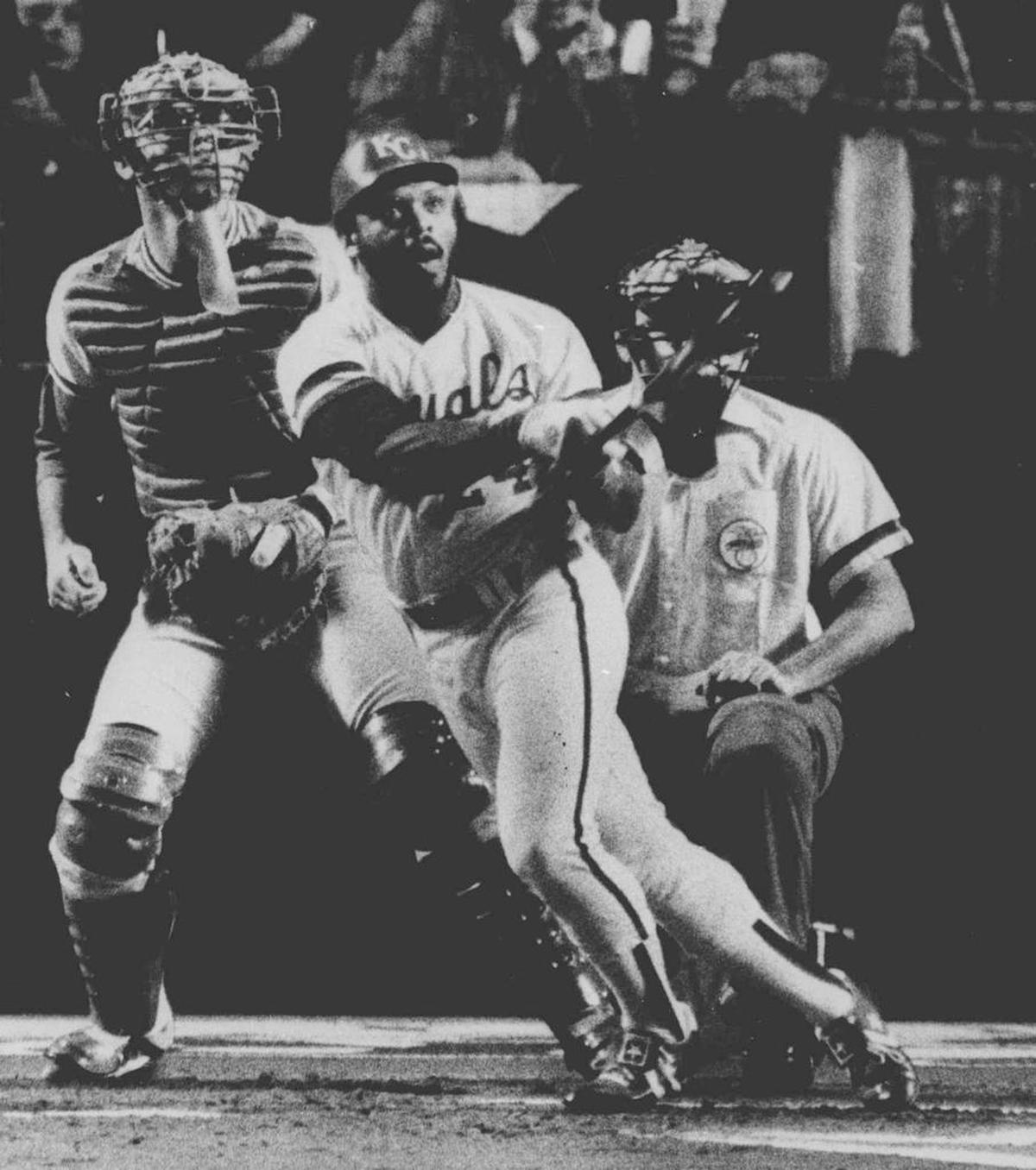 Royals batter Darryl Motley watched his two-run homer head out in the second inning of game seven of the 1985 World Series on Oct. 27, 1985.