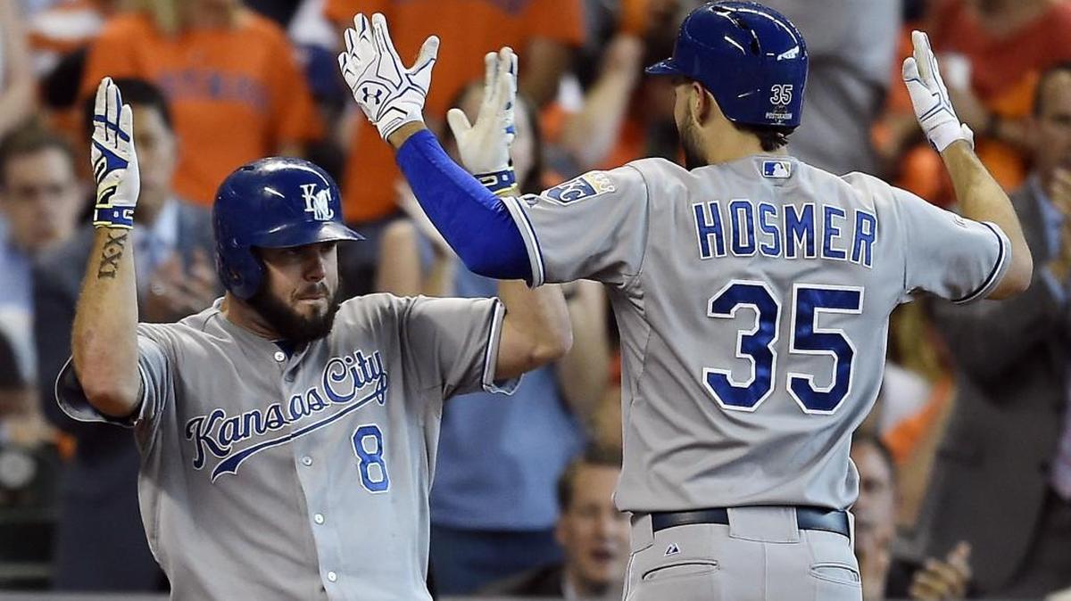 
Royals third baseman Mike Moustakas (left) helped his teammates refuse to lose Monday at Minute Maid Park. The result? Another comeback for the ages, and Game 5 on Wednesday in KC.
